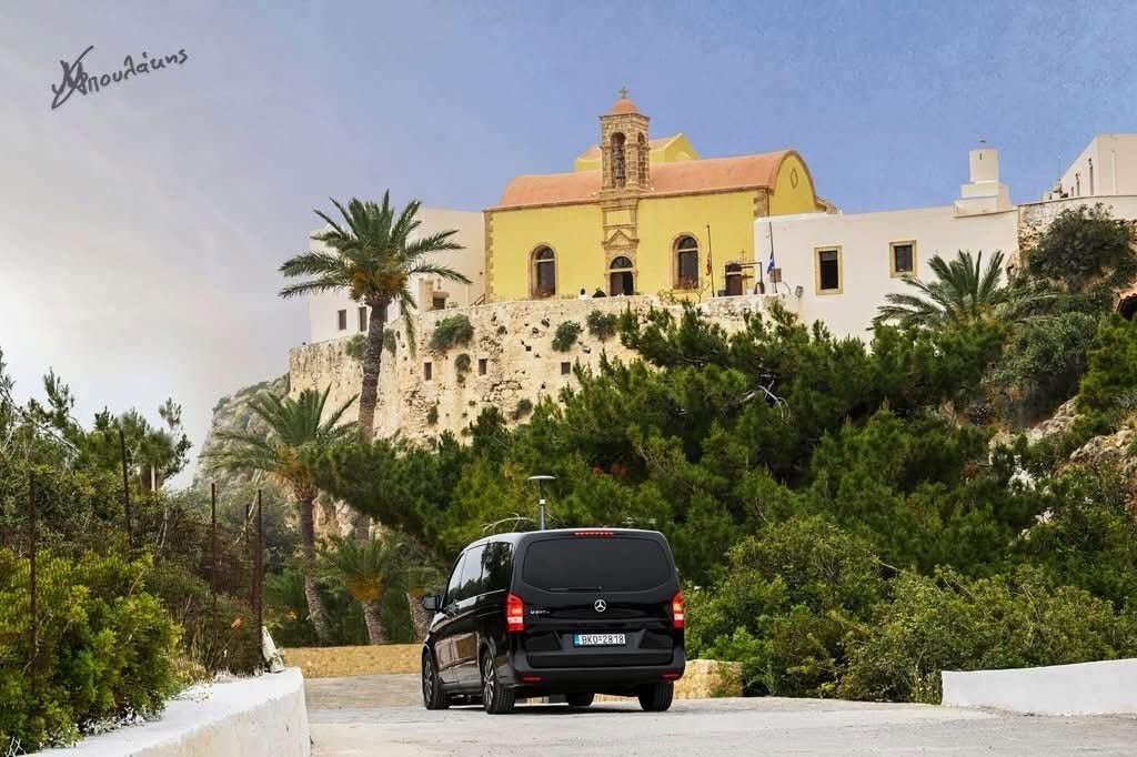 Black Mercedes van arriving at Chrysoskalitissa monastery in western Crete